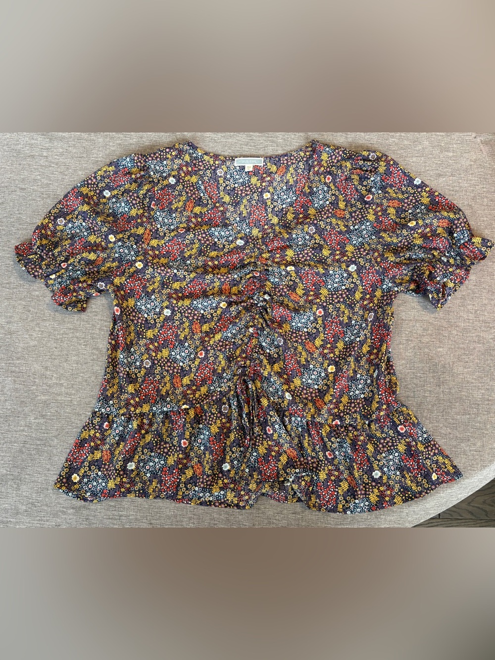 Anthropologie Pleione Ditsy Floral Ruched Peplum Blouse XL Cottagecore